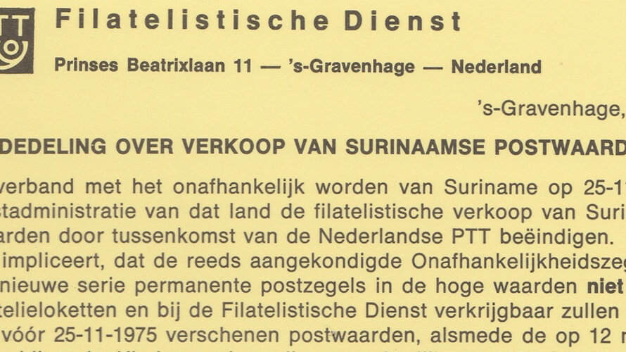 Last sale of Surinamese stamps by Dutch PTT