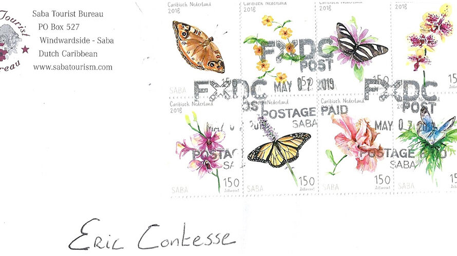 “Butterflies and Flowers 2018” souvenir sheet on cover from Saba