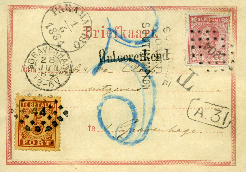 Suriname and Dutch ‘puntstempel’ on one postcard